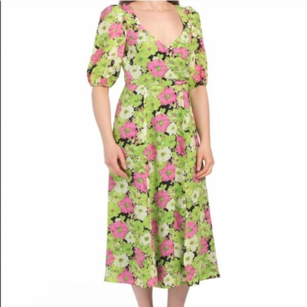 WAYF Floral Printed Plaza Surplice Neck Midi Dress